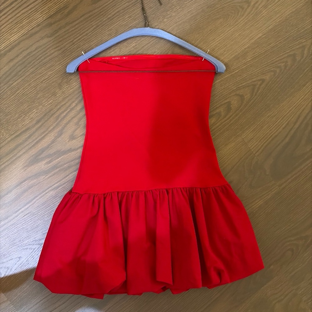 Red Strapless Mini Dress with Bubble Hem - Picture 2 of 3